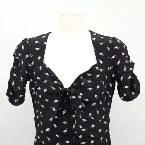 Miu Miu Women's 2016 Midi Length Black Silk Dress Cat Print Sz 38 / S - Picture 5 of 11